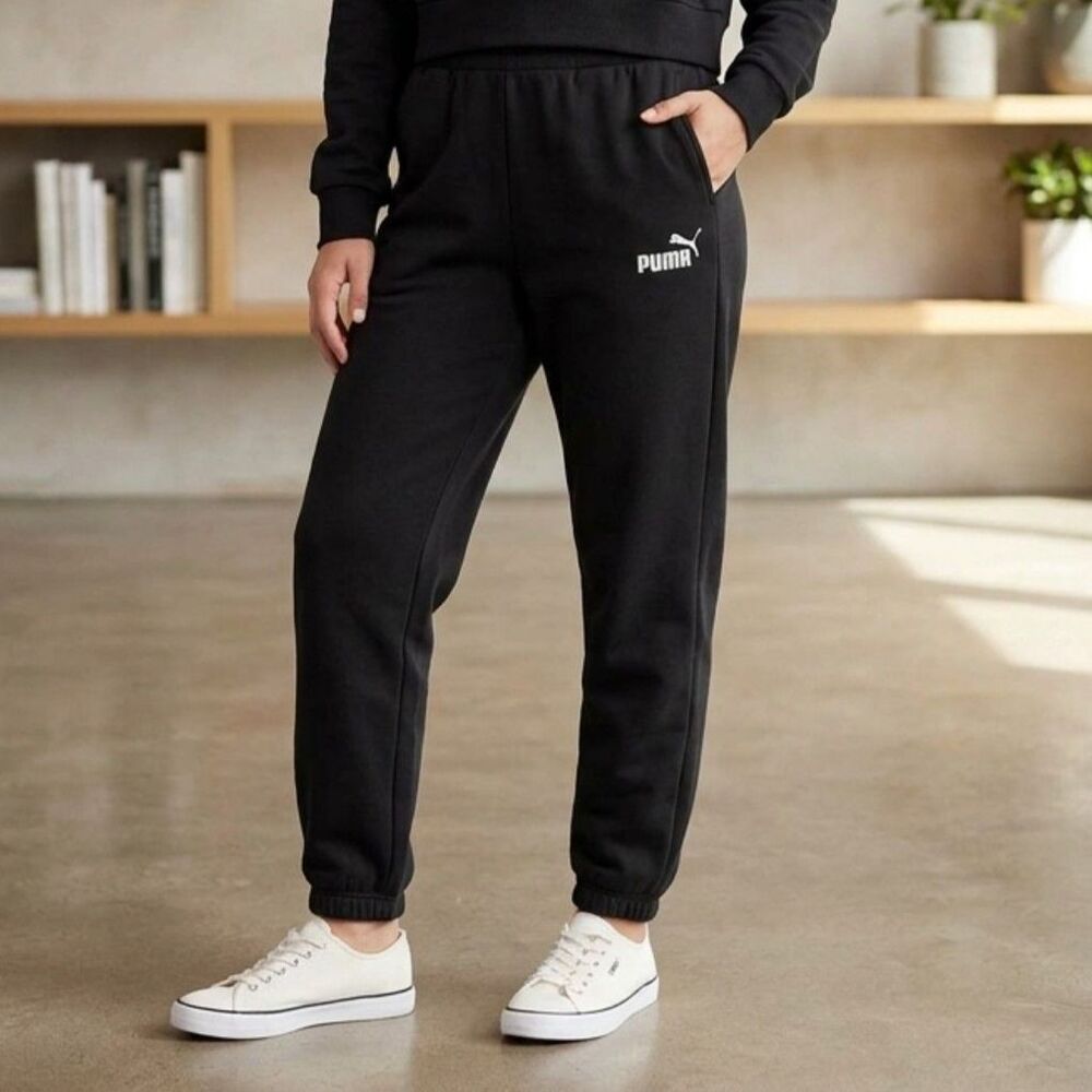 Puma Womens M Black Fleece Sweatpants Logo Cuffed Joggers Athletic Pants